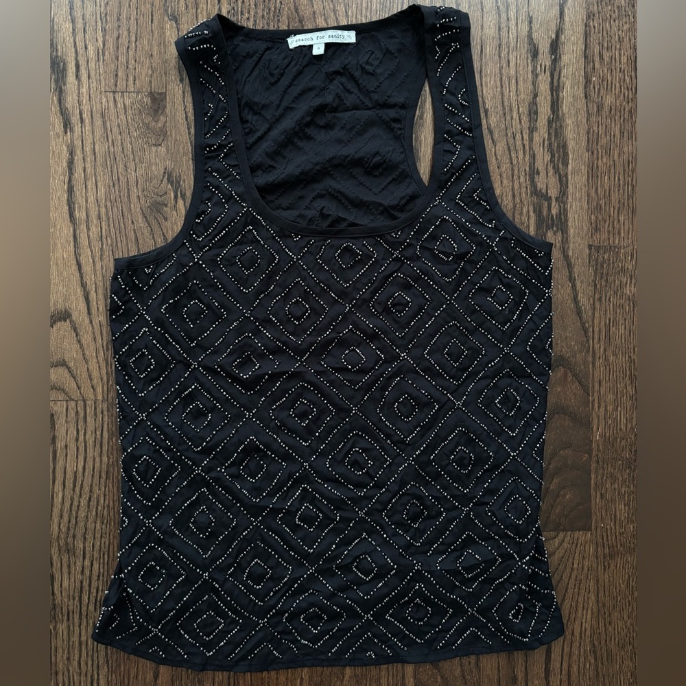 Search for Sanity Black Racerback Tank with Beaded Pattern